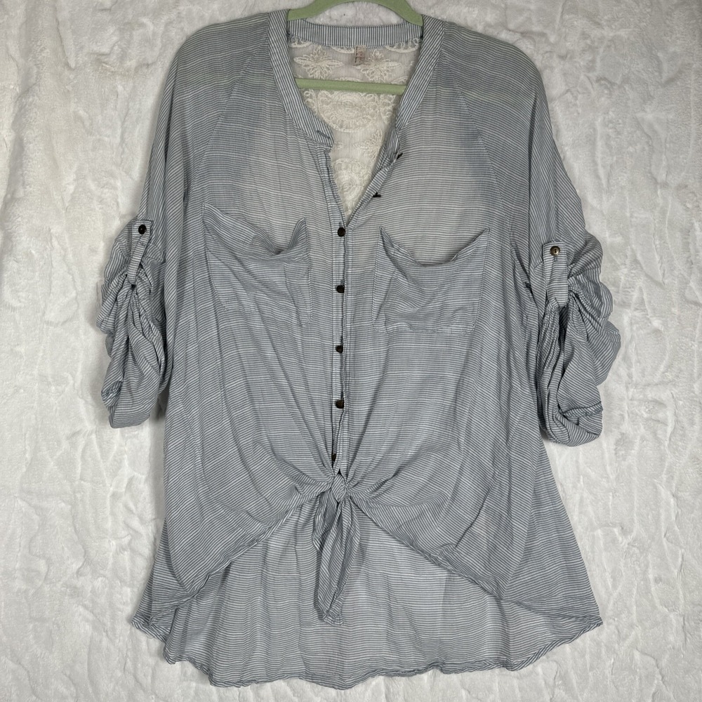 Free People Blue White Striped Lace Back Tie Front Button Down Top Medium